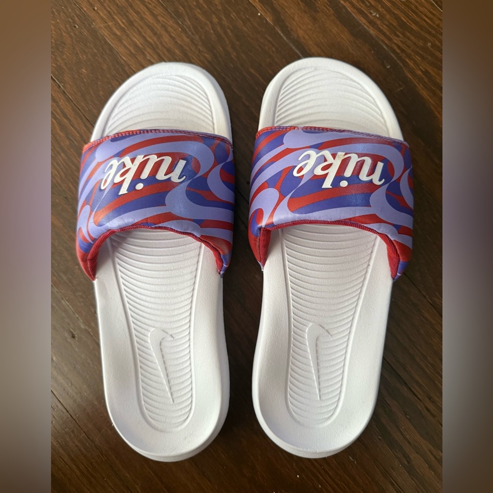 Nike White and Red Slides with Blue and Purple Accents
